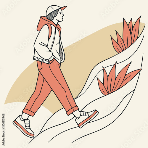 A modern line art illustration of a person in a hoodie and cap with a backpack walking up a stylized hill.
