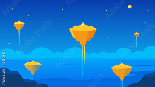 Surreal floating islands in a vibrant blue night sky with a yellow moon