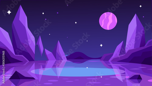Stylized alien landscape with purple crystals and a pink planet in a starry night sky