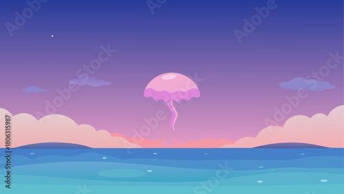 Whimsical jellyfish floats in a pastel sky over the ocean at dusk