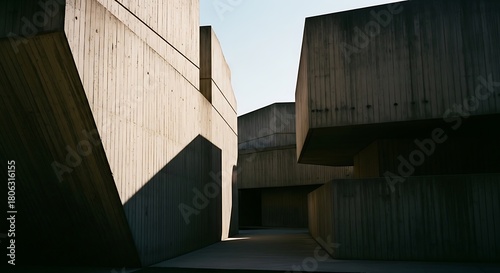 Brutalist concrete architecture with strong shadows and geometric shapes under a clear sky.