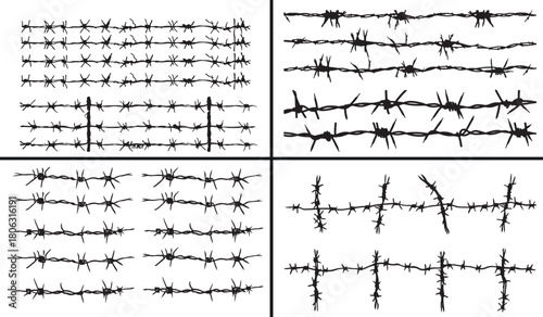 barbed wire vector set, metal wire design, protection fence illustration, security barrier drawing, army defense vector, thorns outline artwork, industrial wire pattern, rustic metal art, sharp wire b