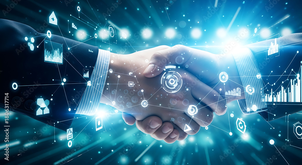 Obraz premium Close up of two business people shaking hands with a futuristic digital network overlay symbolizing global connection and technology