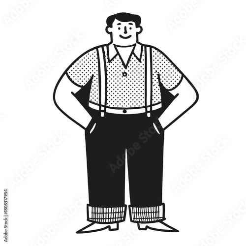 Retro Large Man in Suspenders Character Illustration