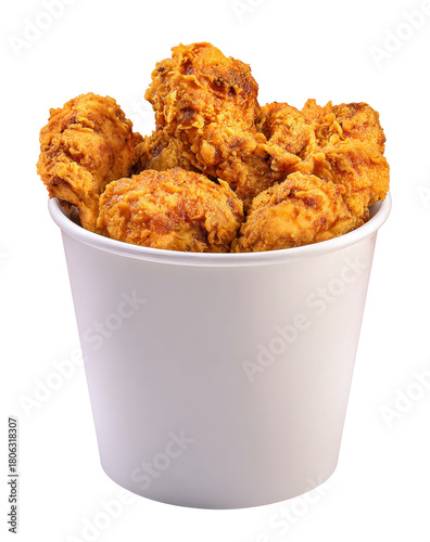 Bucket of crispy fried chicken on white background