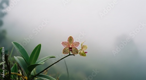 Close-up of a delicate orchid blooming in a misty, ethereal natural setting.