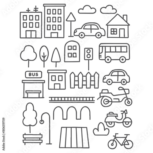 Doodle Cityscape Illustration with Buildings Vehicles and Green Spaces.