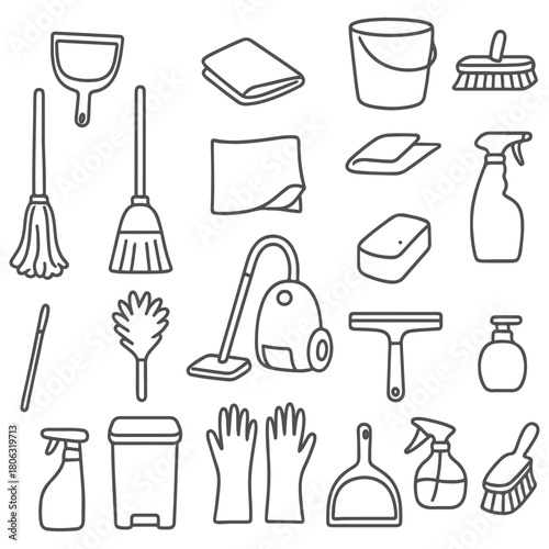 Cleaning Supplies Collection: A Comprehensive Set of Household Cleaning Tools.