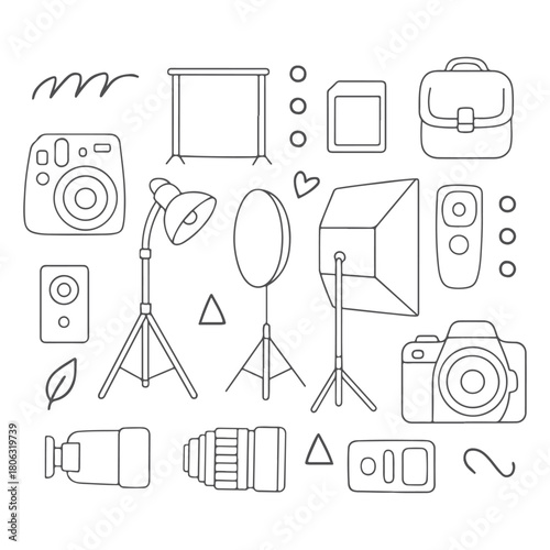 Photography Studio Equipment Doodle Illustration.
