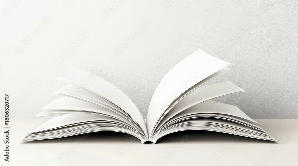 Fototapeta premium An open book with blank white pages is displayed on a white surface against a white background, suggesting a clean and minimalist aesthetic.