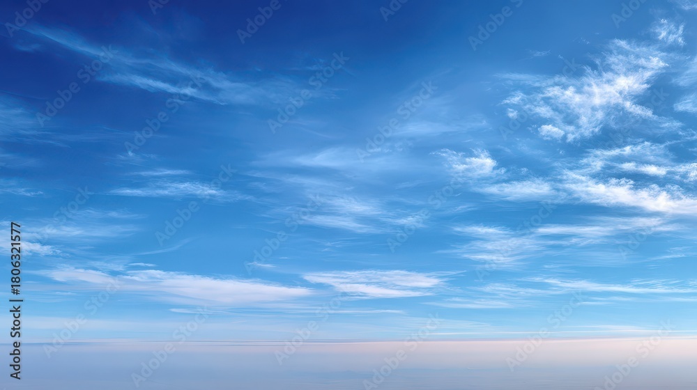 Obraz premium Gentle gradient blue sky with wispy clouds for calm, versatile backdrops