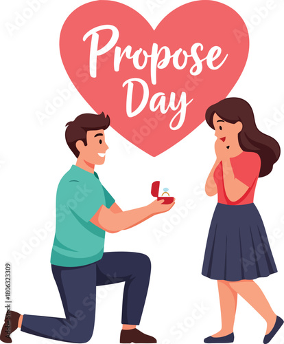 Man on one knee proposing with ring to surprised woman with heart background proposal marriage