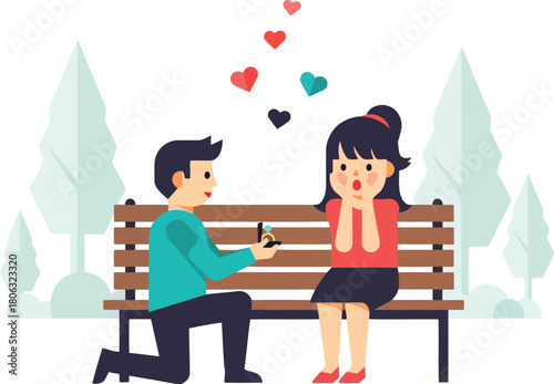 Man proposes to surprised woman with engagement ring on park bench surrounded by trees and hearts
