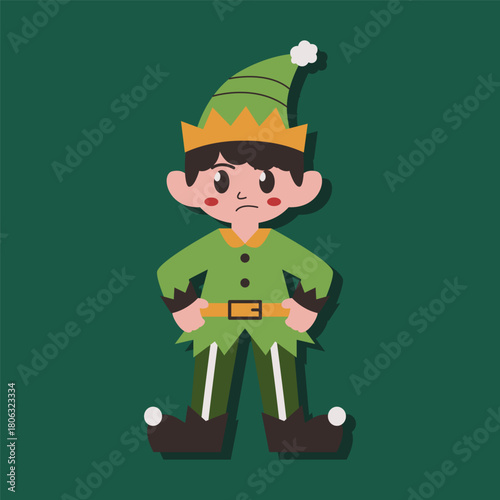 A cartoon elf is standing on his toes and looking down