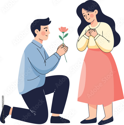 Man on one knee offers a single pink rose to a woman with hands clasped couple love
