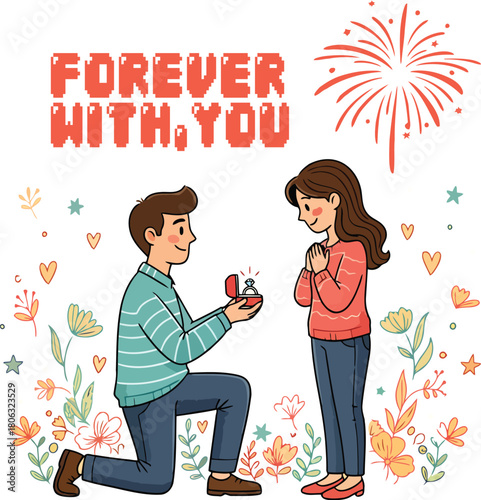 Man proposing marriage to woman with ring and fireworks overhead proposal engagement