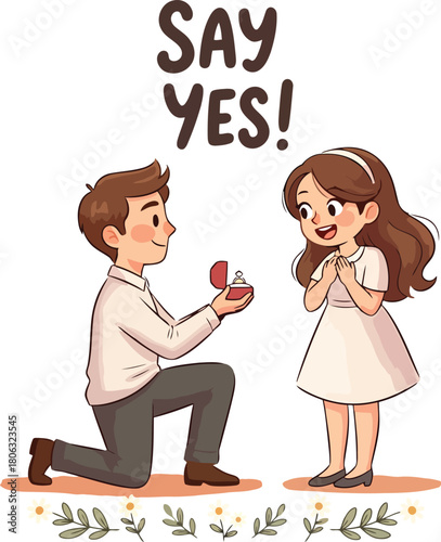 Man proposing marriage to woman with ring box and saying yes text proposal engagement