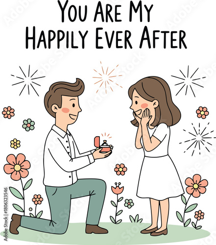 Man proposing marriage to surprised woman with ring box surrounded by flowers and fireworks proposal