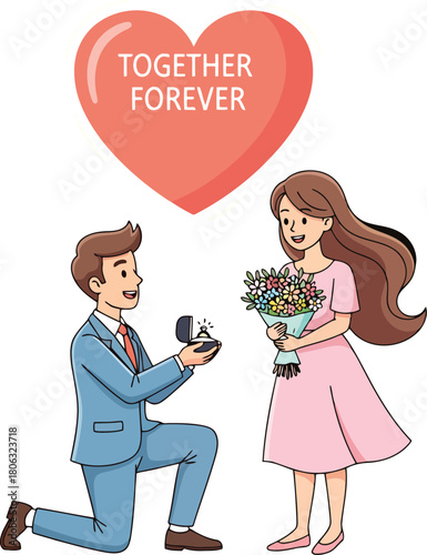 Man proposing with ring to woman holding flower bouquet under heart with text proposal engagement