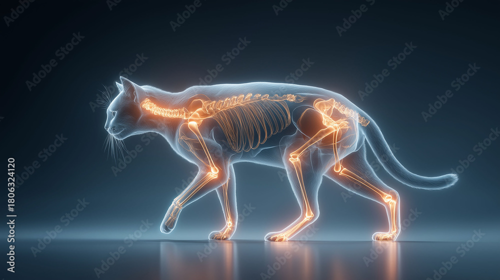 Fototapeta premium Veterinary 3D render – transparent cat body with glowing skeletal system in motion