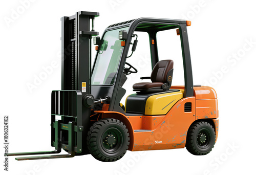 Modern Orange Forklift with Black Tires and Lifting Forks