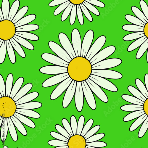 Fototapeta Naklejka Na Ścianę i Meble -  Retro Daisy Pattern with White Flowers on Green 