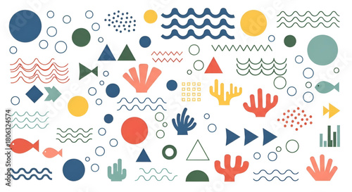 Abstract ocean pattern background with sea life and geometric shapes