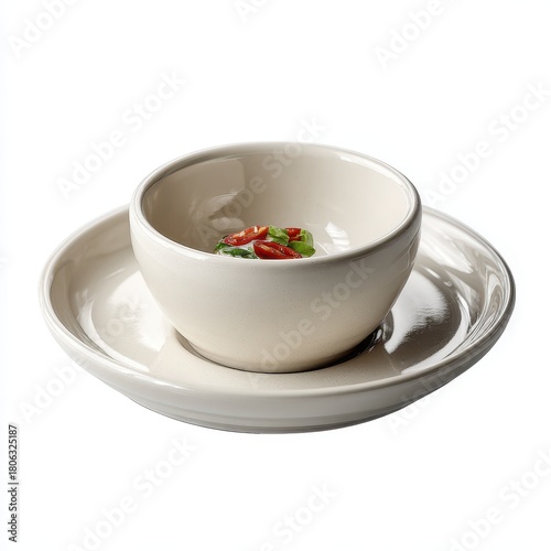 Elegant Creamy Bowl with Tomato and Basil on Matching Saucer, Isolated