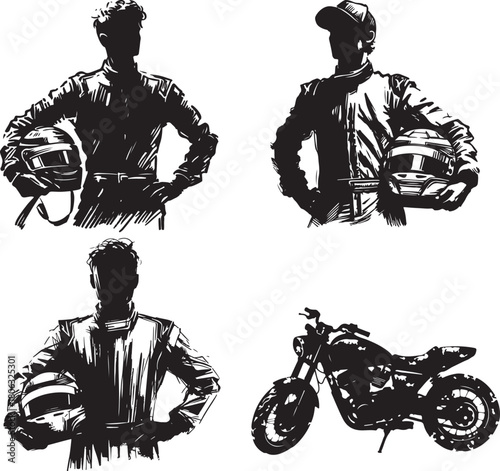  A set of bold black-and-white silhouettes featuring three riders with helmets and a detailed motorcycle, conveying speed, control, and urban adventure. Perfect for sports