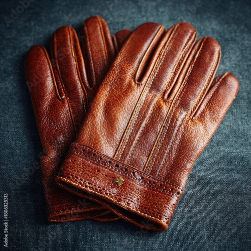 Elegant Brown Leather Gloves on Dark Gray Fabric, Stylish Winter Accessory