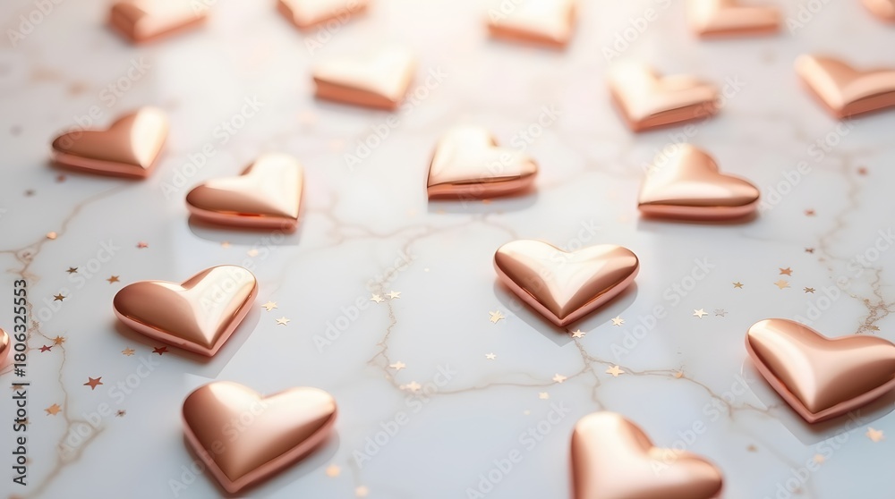 Obraz premium Valentine and Love Theme Backgrounds, Elegant rose gold hearts scattered on marble surface