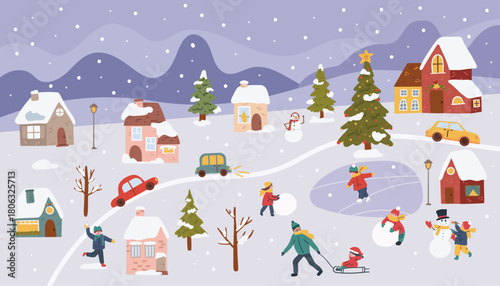 Urban winter landscape. Children playing snowballs, building a snowman. People, houses under snow, Christmas trees. Vector illustration.