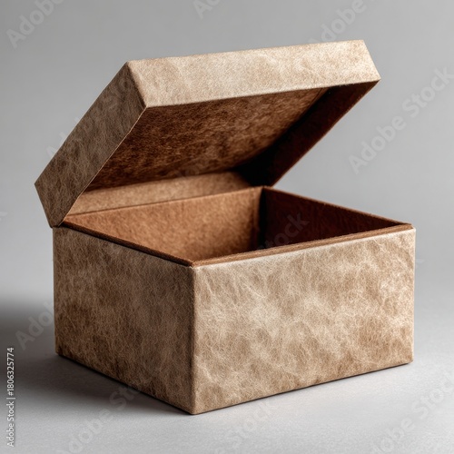Open Textured Brown Box on Gray Background, Gift or Storage Container
