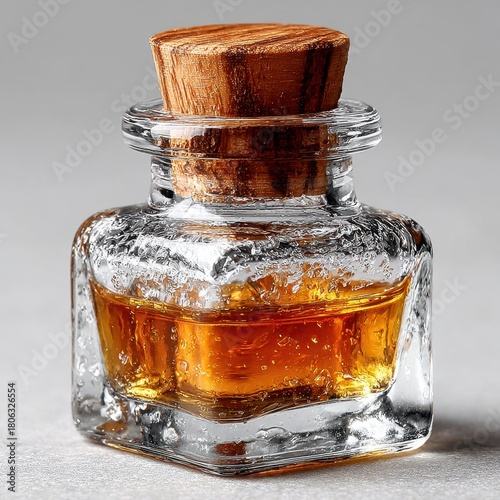 Small Glass Bottle with Golden Liquid and Wooden Cork Stopper