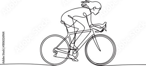 Young female cyclist in action, One continuous line drawing young sporty woman bicycle racer pedaling her bike so fast. one line Icon drawing with white background
