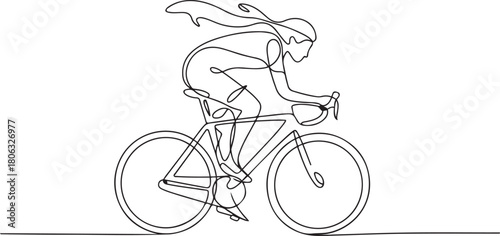 Young female cyclist in action, One continuous line drawing young sporty woman bicycle racer pedaling her bike so fast. one line Icon drawing with white background