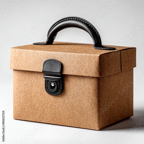 Elegant Brown Cardboard Box with Black Leather Handle and Clasp on White