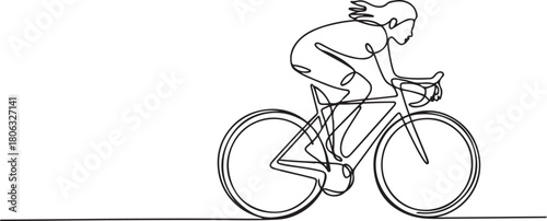 Young female cyclist in action, One continuous line drawing young sporty woman bicycle racer pedaling her bike so fast. one line Icon drawing with white background