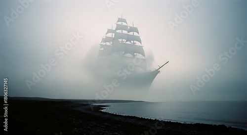 Ghostly Tall Ship Emerging from the Mysterious Morning Fog.