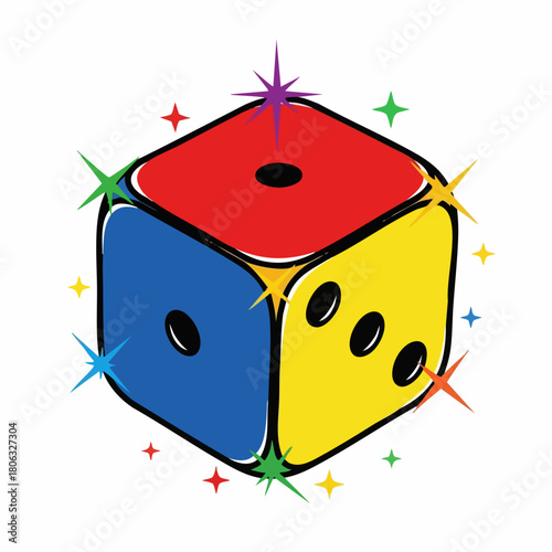 Colorful dice with vibrant sparkles makes for eye catching designs, and unique decorations. Colorful dice on white background provides aesthetic appeal and versatile applications.