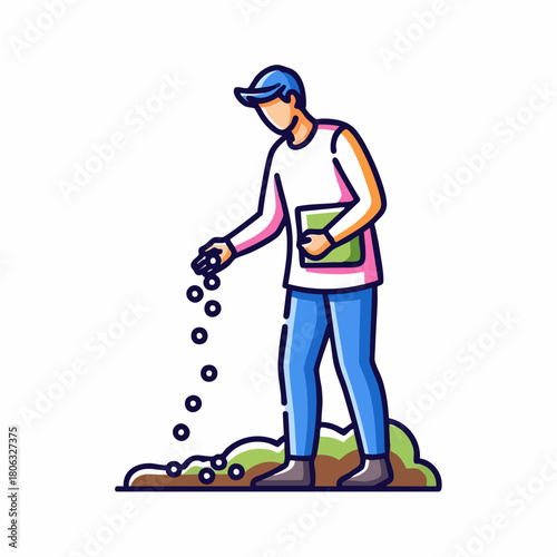 Person sowing seeds, person sowing seeds shown on a white background with simple clothing. Sowing seeds activity for outdoor gardening or farming.