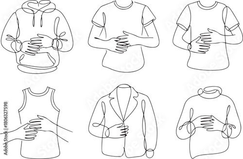 Set of drawing of hands holding hoodie, t shirt, tank top, jacket, and sweater in continuous one line drawing style