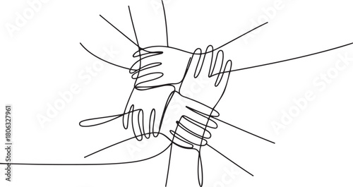 People unite their hands together continuous line drawing isolated. one line Icon drawing with white background