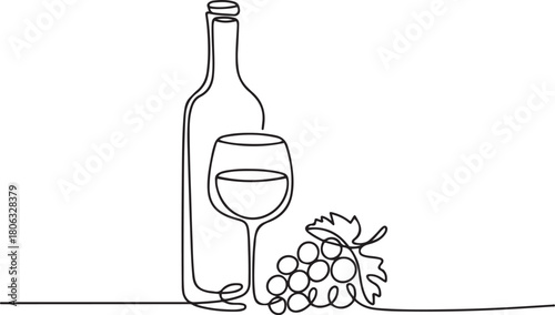 Bottle of wine with wineglass and grape bunch in continuous line art drawing style. one line Icon drawing with white background