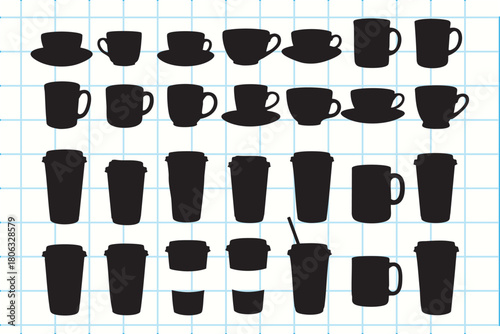 Collection of black coffee cup and mug silhouettes on grid background