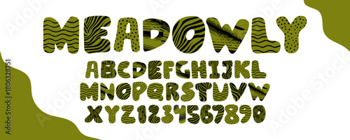 Vector alphabet font typography in bold, round type. Funky modern design, organic texture, rough doodle fill. Childish, groovy cartoon set,  poster. Thick plump letter with lively, abstract decoration