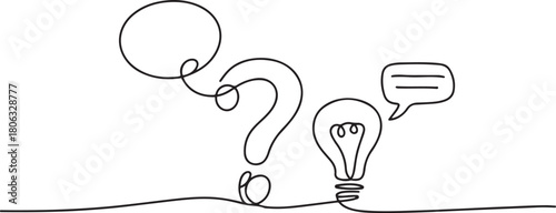 Hand drawn one line vector. Quick tips. Continuous one line drawing of question mark, light bulb and speech bubbles. one line Icon drawing with white background