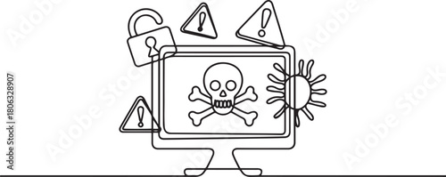 Dangerous website. Computer virus, malware, caution, bug, trojan, phishing, security system. Technology concept. one line Icon drawing with white background