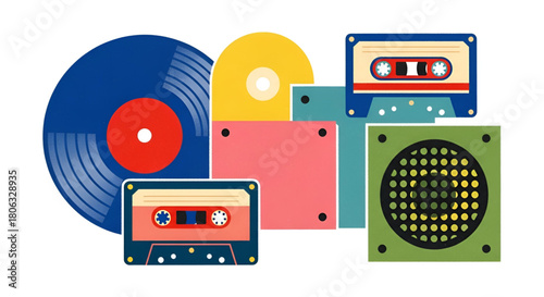 Retro music collection vinyl record cassette tapes and speaker vector art