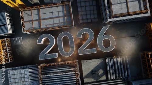 Happy New Year 2026 with construction concept ads. Typography and construction site video.